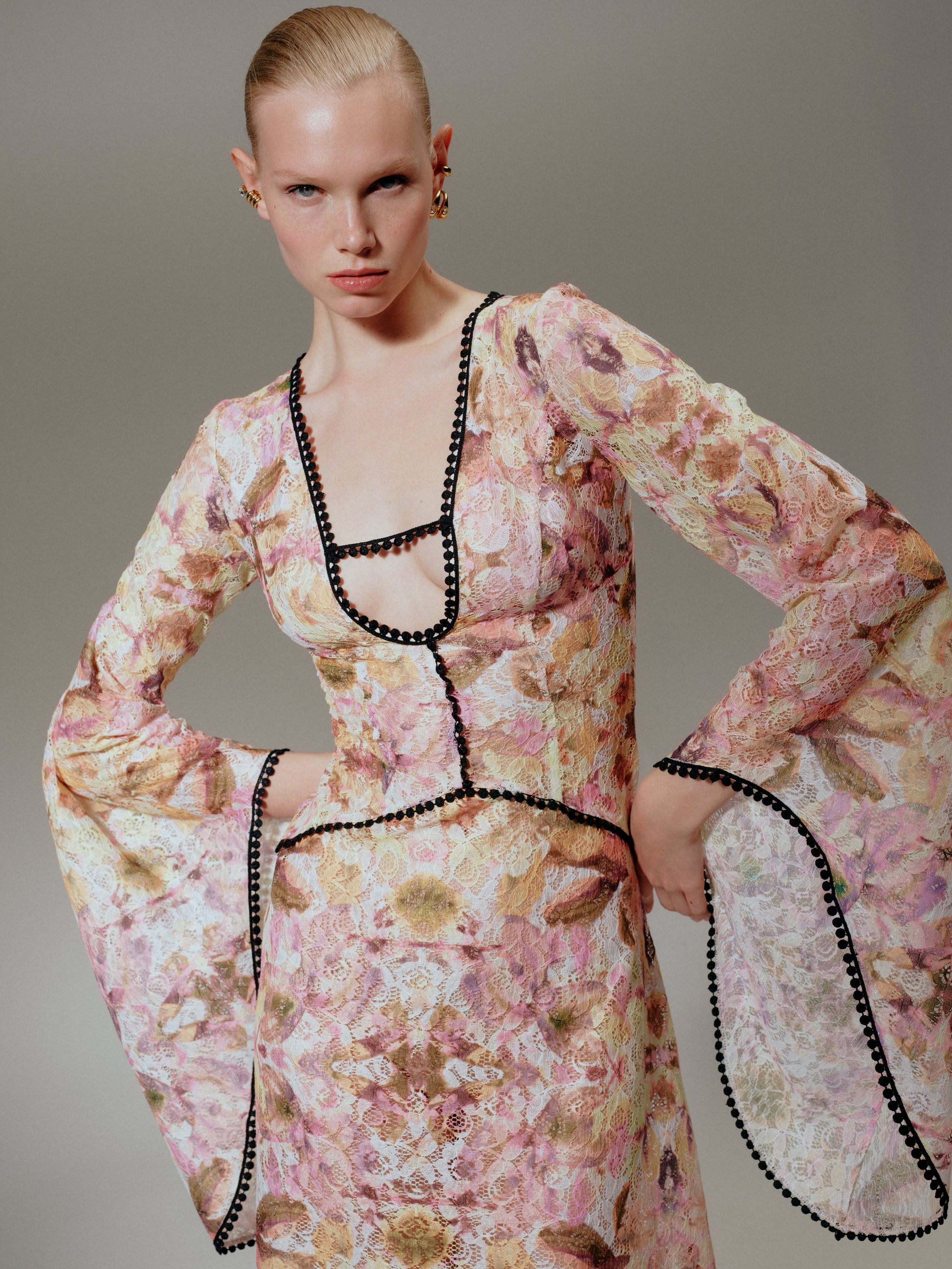 Sakura print dress in stripe organza main image 1